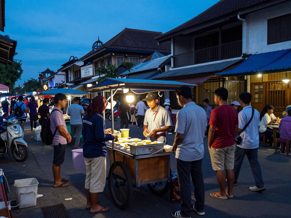 Evening Street Life in Yogyakarta Indonesia with Local Vendors and Traditional Architecture in in Yogyakarta, Indonesia