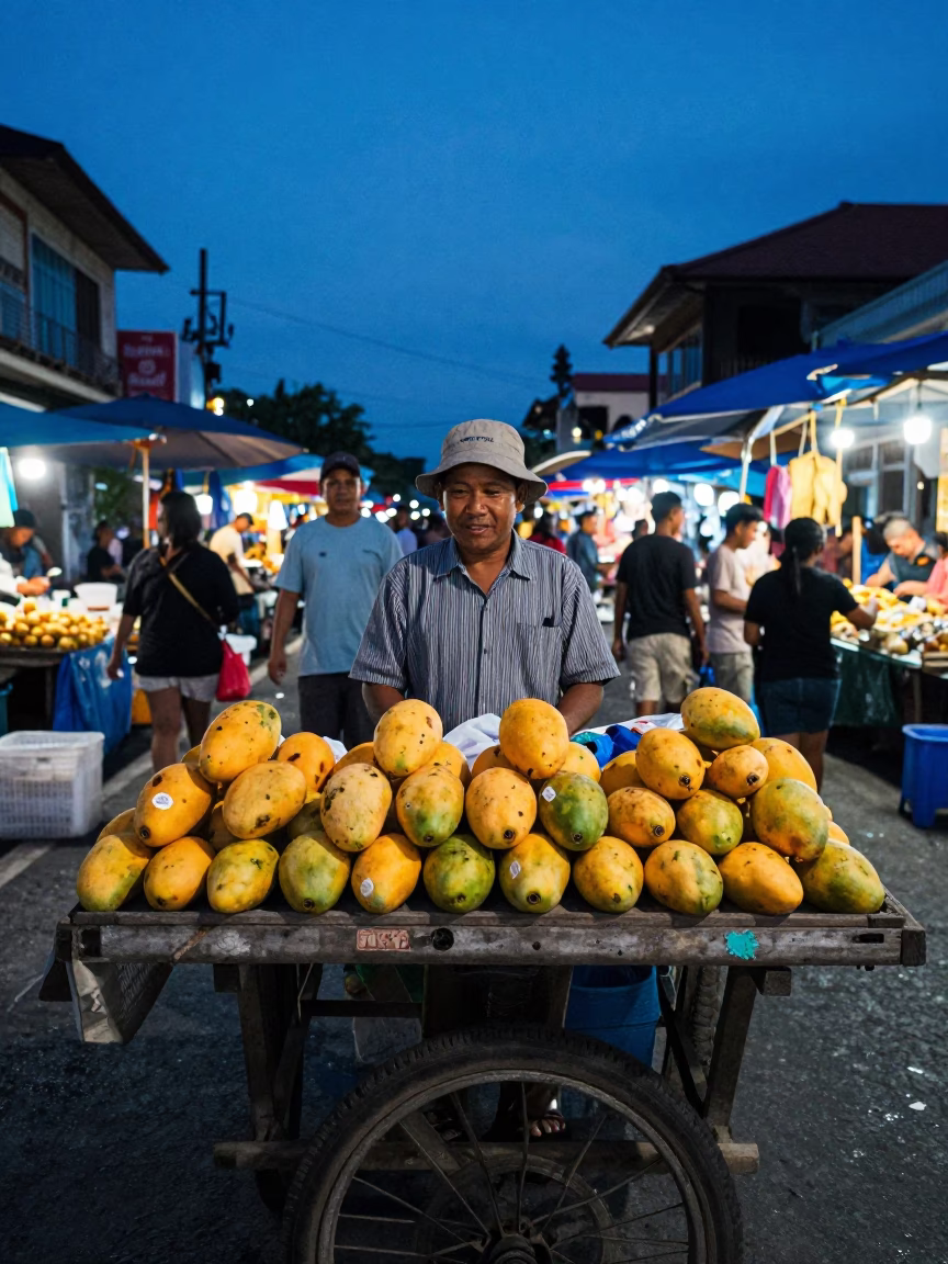 Evening Street Market in Denpasar Bali Indonesia with Mangoes and Local Activity in in Denpasar, Indonesia