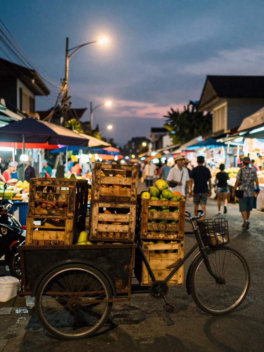 Evening Street Market Scene in Denpasar Bali Indonesia with Fruit Crates and Cargo Bicycle in in Denpasar, Indonesia