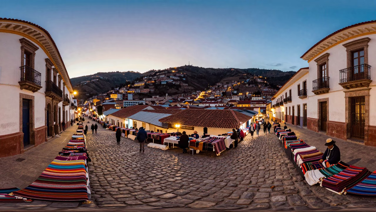 Evening Street Market Scene in La Paz Bolivia with Traditional Textiles and Urban Lights in in La Paz, Bolivia