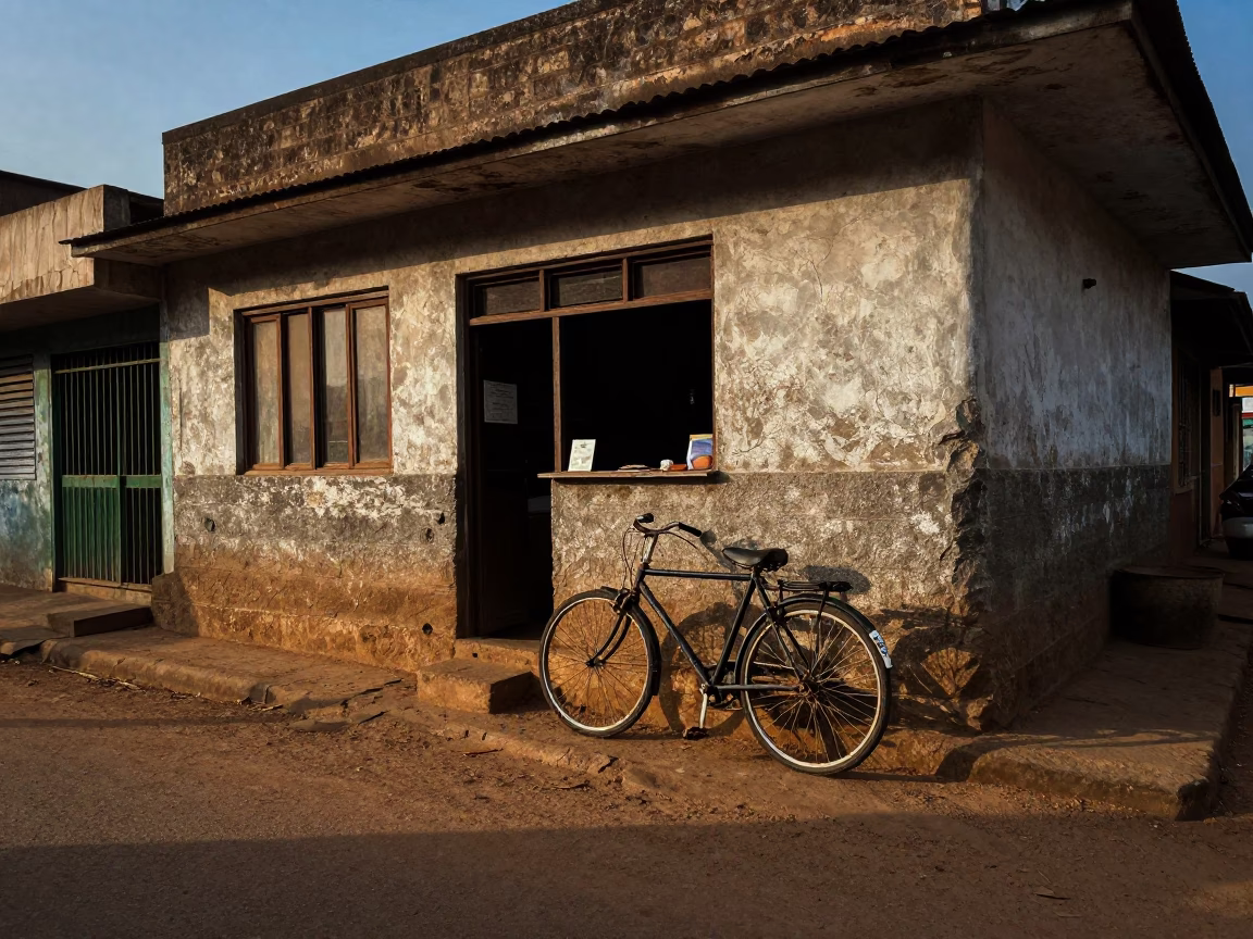 Evening Street Scene in Accra Ghana with Bicycle Propped Against Bakery in in Accra, Ghana