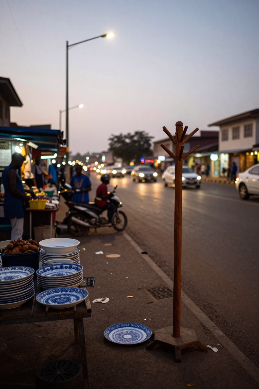 Evening Street Scene in Accra Ghana with Blue White Porcelain Plate and Coat Stand in in Accra, Ghana