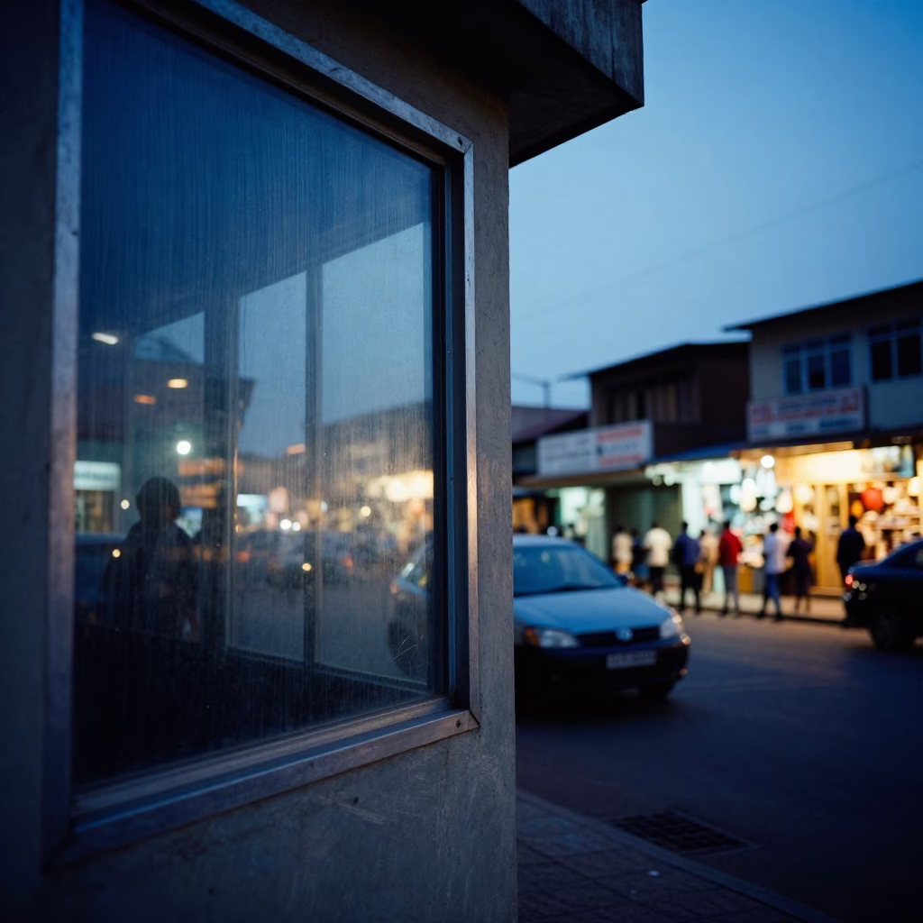 Evening Street Scene in Accra Ghana with Brushed Steel Window Glass and Local Commerce in in Accra, Ghana