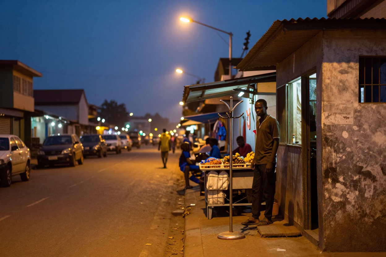 Evening Street Scene in Accra Ghana with Coat Stand and Local Commerce in in Accra, Ghana
