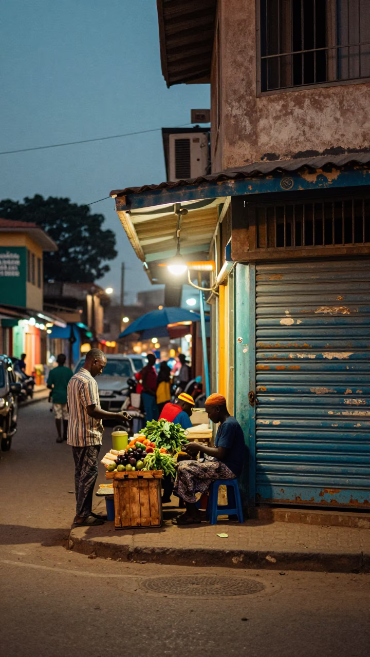 Evening street scene in Accra Ghana with colorful storefronts and local commerce in in Accra, Ghana
