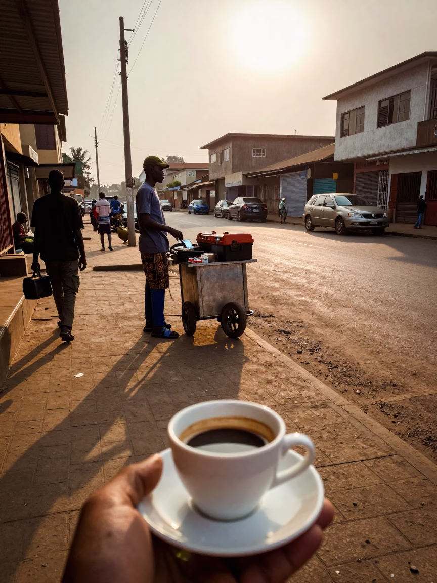 Evening Street Scene in Accra Ghana with Espresso Cup and Toolbox in in Accra, Ghana