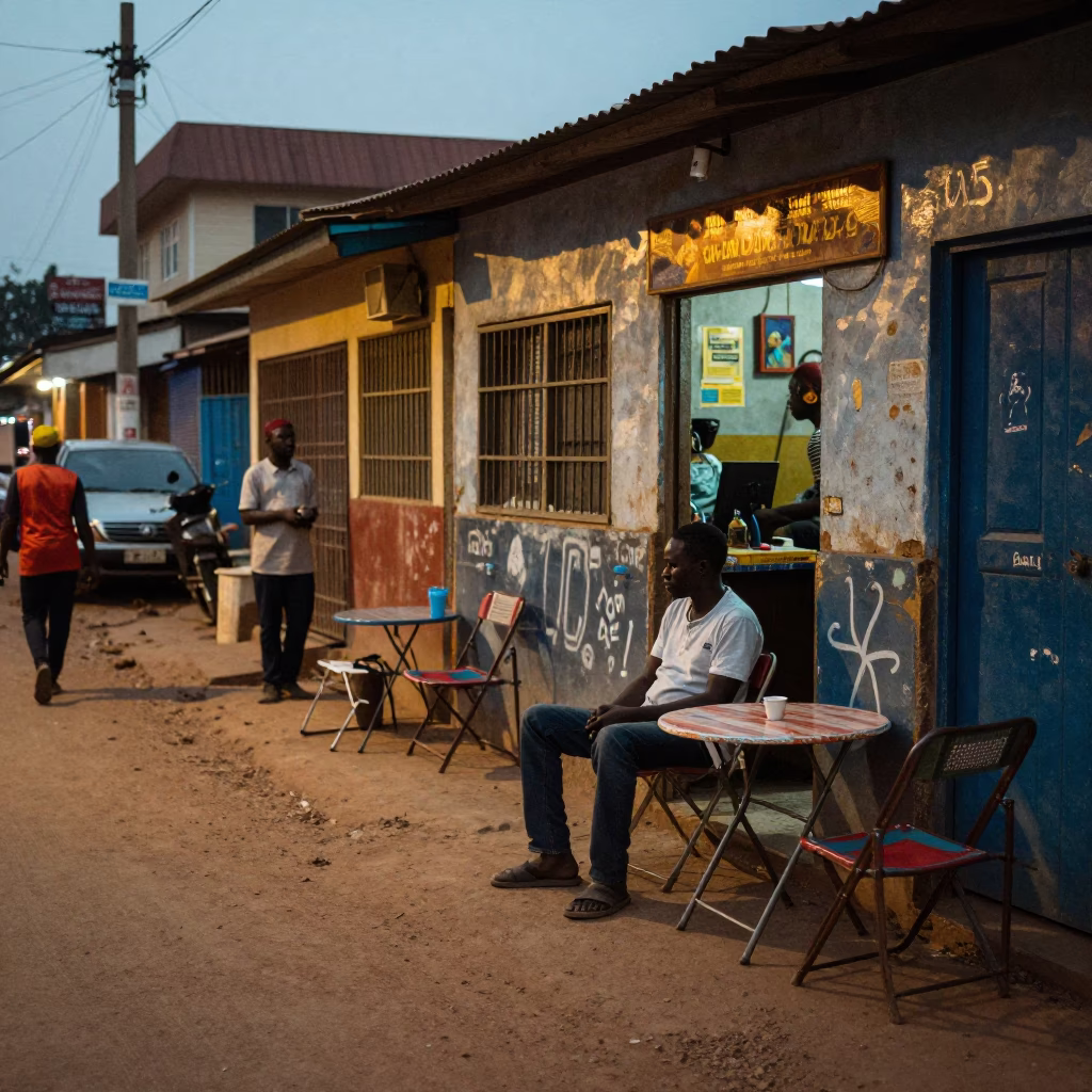 Evening Street Scene in Accra Ghana with Folding Chair and Table Fan in in Accra, Ghana