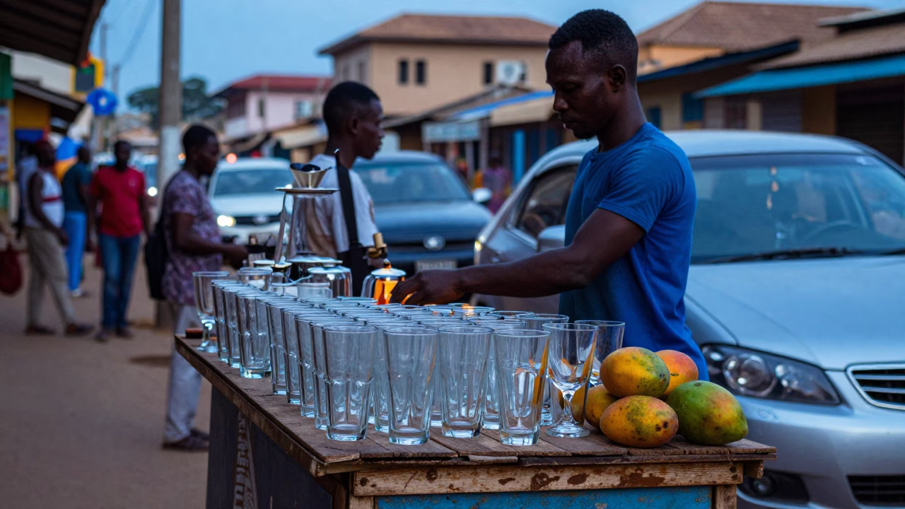 Evening Street Scene in Accra Ghana with Glass Tumblers and Mango Drink in in Accra, Ghana