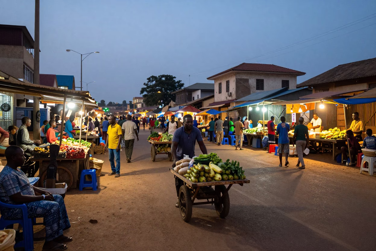 Evening Street Scene in Accra Ghana with Local Market Activity and City Lights in in Accra, Ghana