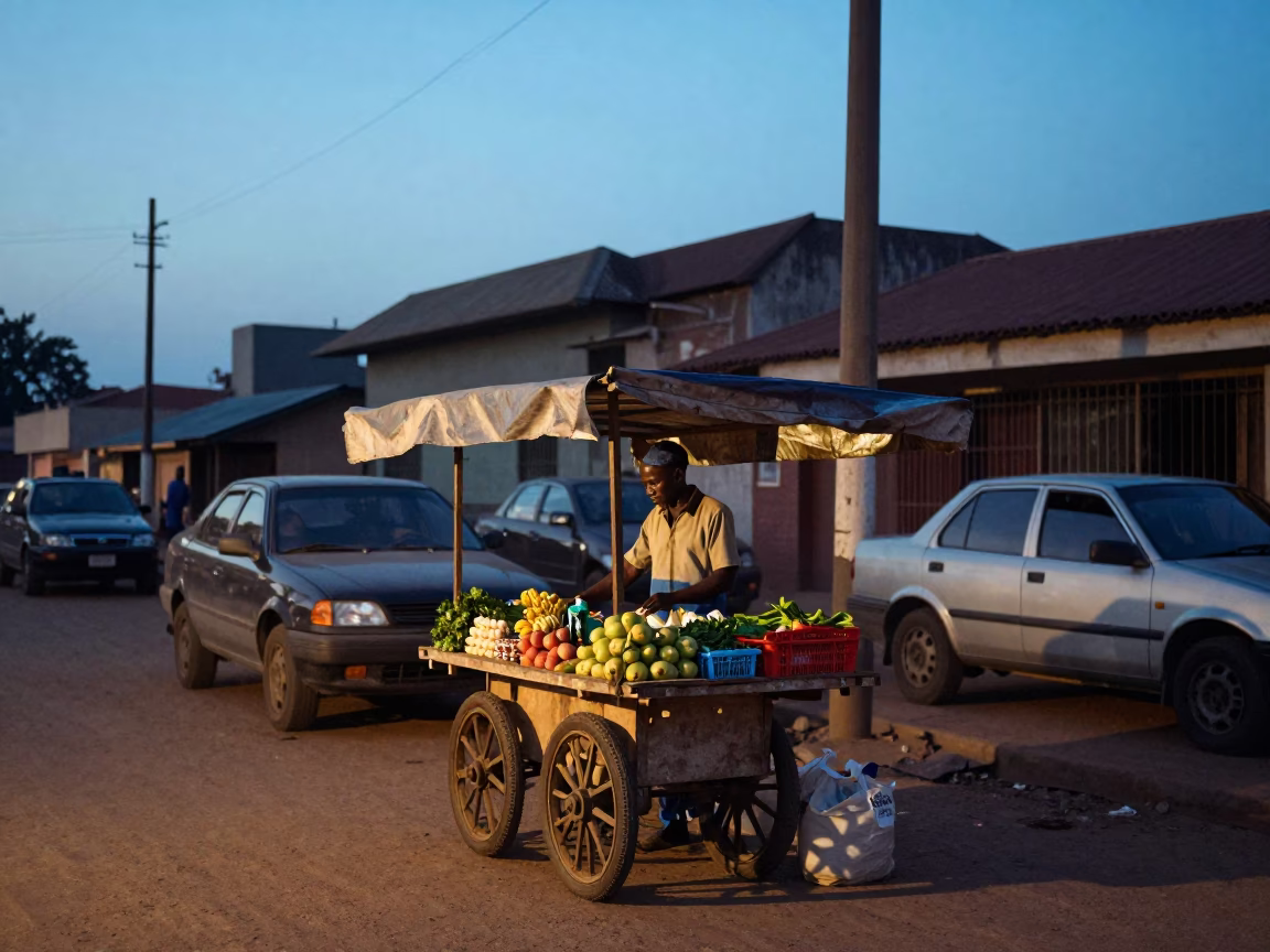 Evening Street Scene in Accra Ghana with Local Vendor and Blue Porcelain Bowl in in Accra, Ghana