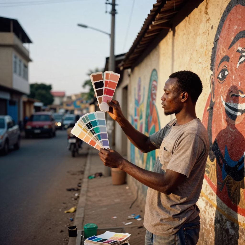 Evening Street Scene in Accra Ghana with Muralist Painting Sample Swatches on Scaffold Platform in in Accra, Ghana