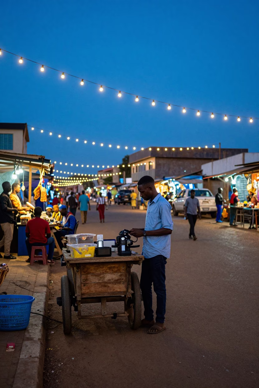 Evening Street Scene in Accra Ghana with String Lights and Urban Life in in Accra, Ghana