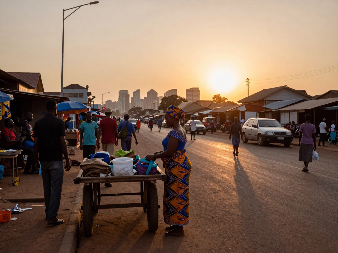 Evening Street Scene in Accra Ghana with Vendor and Commuters in in Accra, Ghana