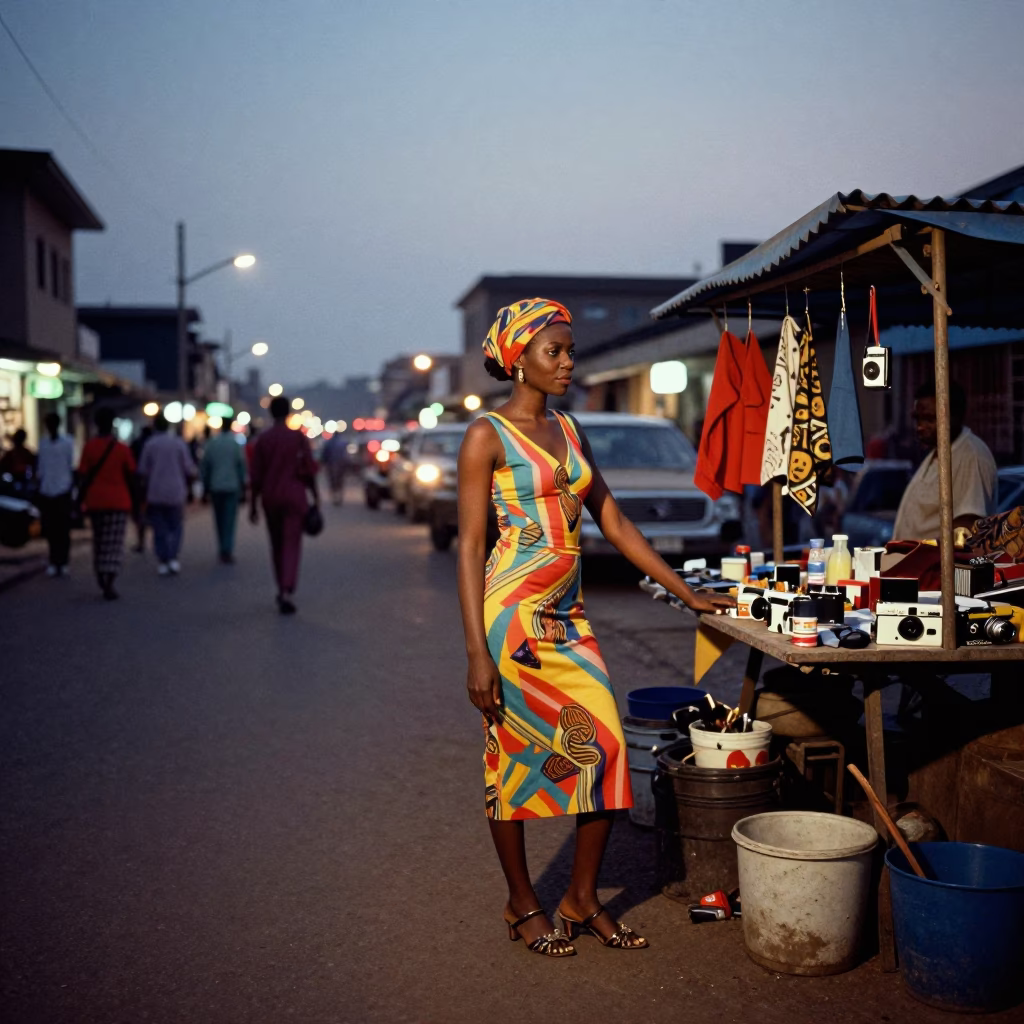 Evening Street Scene in Accra Ghana with Vintage Fashion and Local Details in in Accra, Ghana