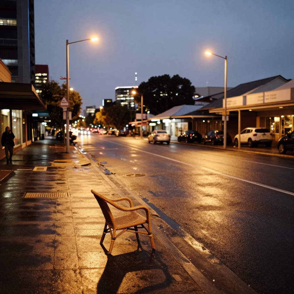 Evening Street Scene in Adelaide South Australia with City Lights and Local Urban Details in in Adelaide, South Australia, Australia