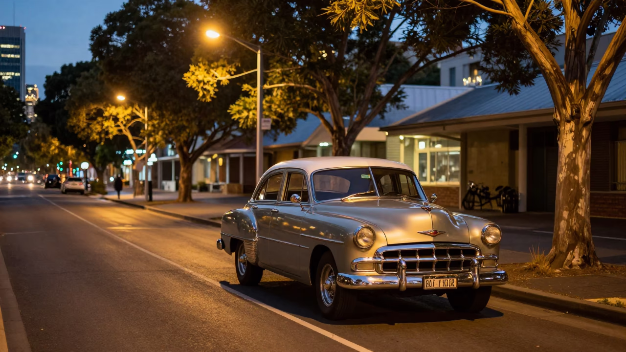 Evening Street Scene in Adelaide South Australia with Vintage Car and City Lights in in Adelaide, South Australia, Australia