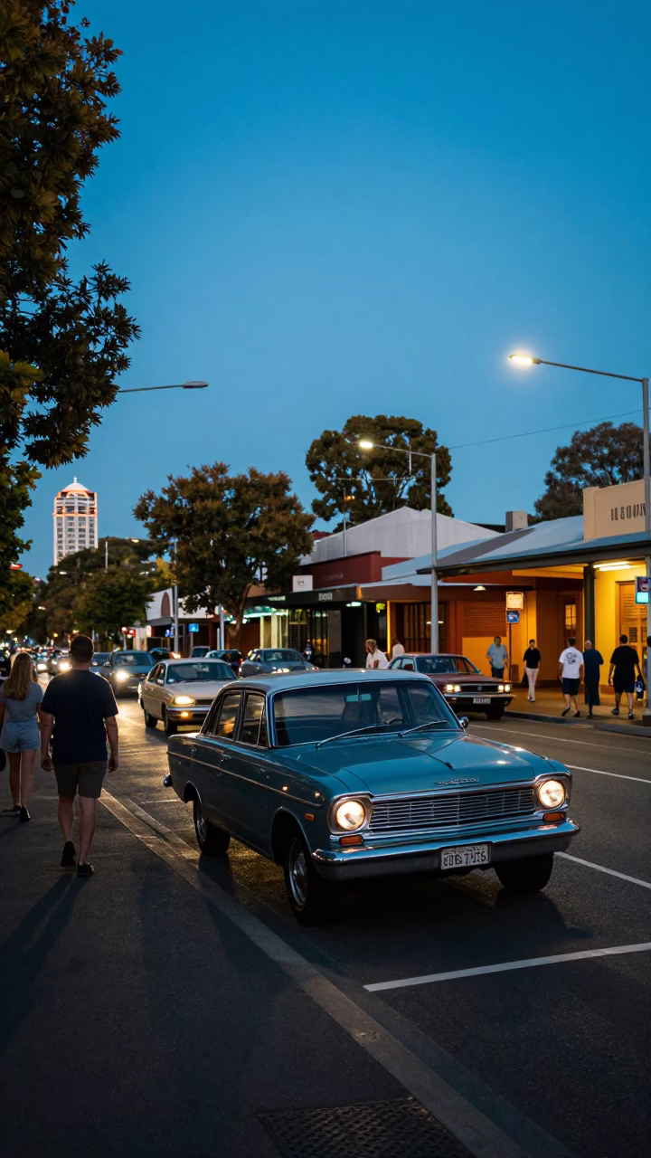Evening Street Scene in Adelaide South Australia with Vintage Cars and Pedestrians in in Adelaide, South Australia, Australia