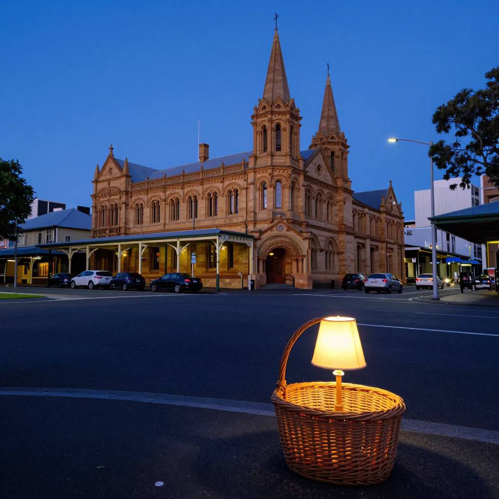 Evening Street Scene in Adelaide South Australia with Wicker Basket and Lampshade in in Adelaide, South Australia, Australia