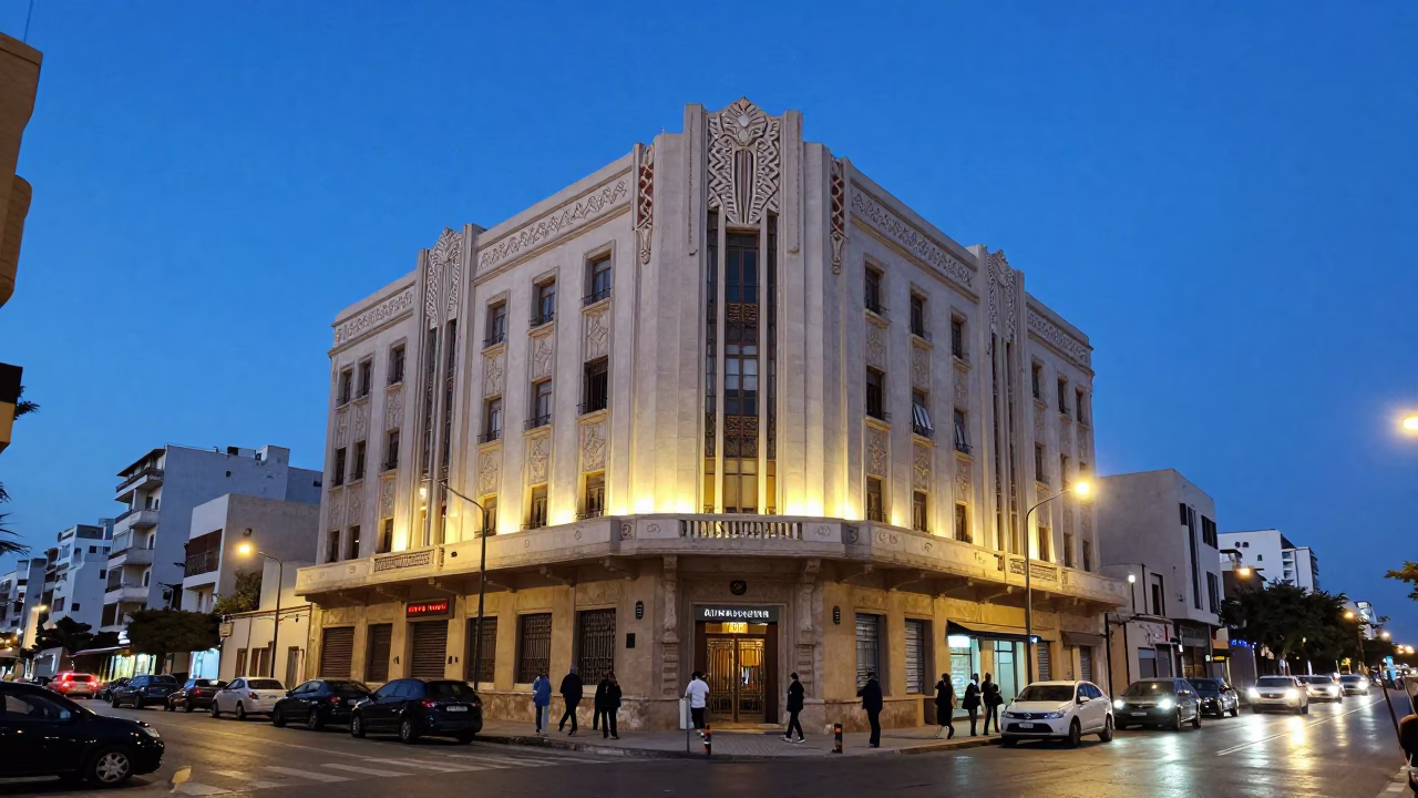 Evening Street Scene in Alexandria Egypt with Art Deco Hotel Facade and Coastal Light in in Alexandria, Egypt