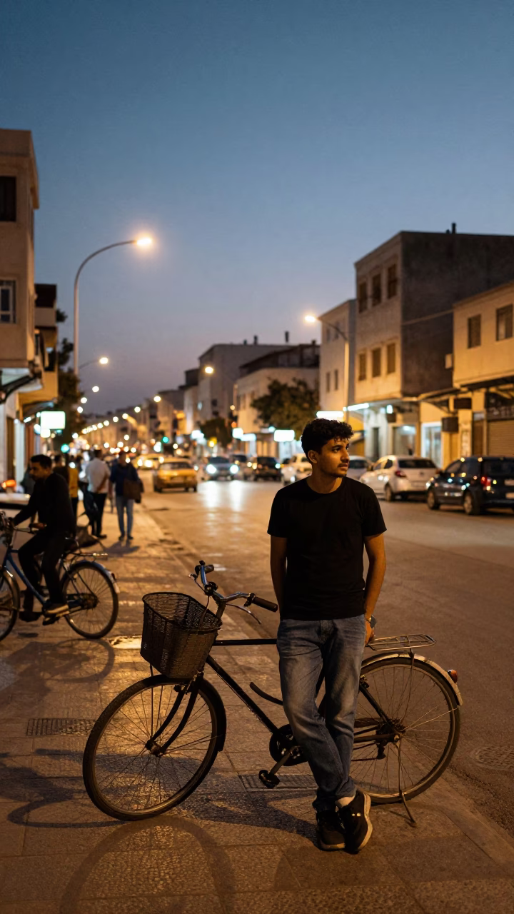 Evening street scene in Alexandria Egypt with bicycle basket and local life in in Alexandria, Egypt