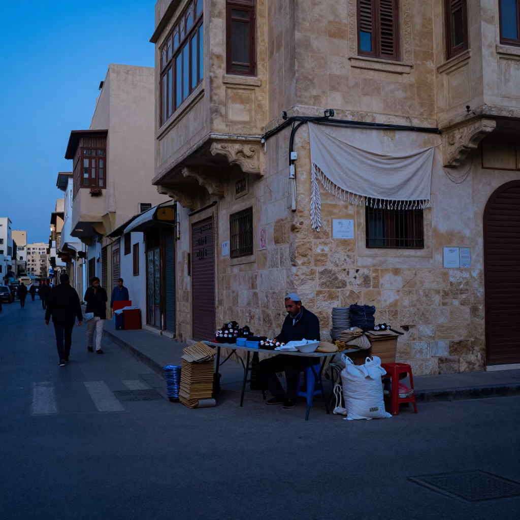 Evening Street Scene in Alexandria Egypt with Linen Fringe and Folding Tables in in Alexandria, Egypt