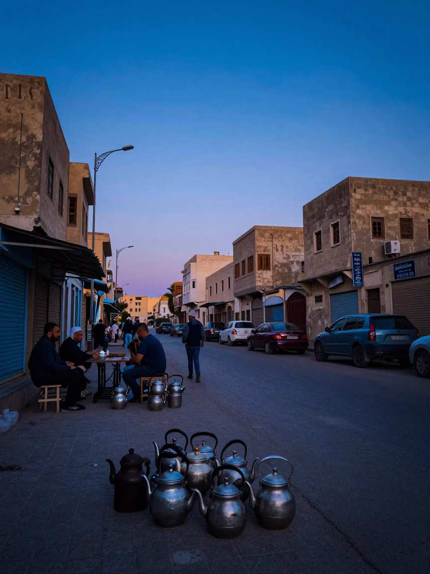 Evening street scene in Alexandria Egypt with tea kettles and local interaction in in Alexandria, Egypt
