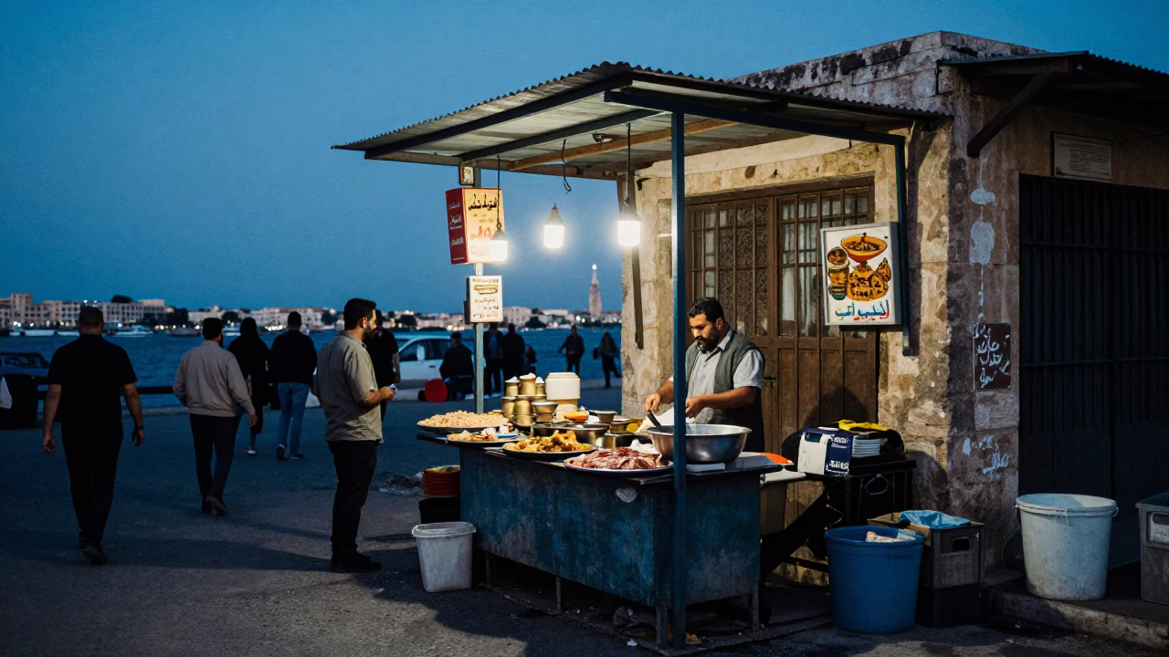 Evening Street Scene in Alexandria Egypt with Traditional Food and Daily Life in in Alexandria, Egypt