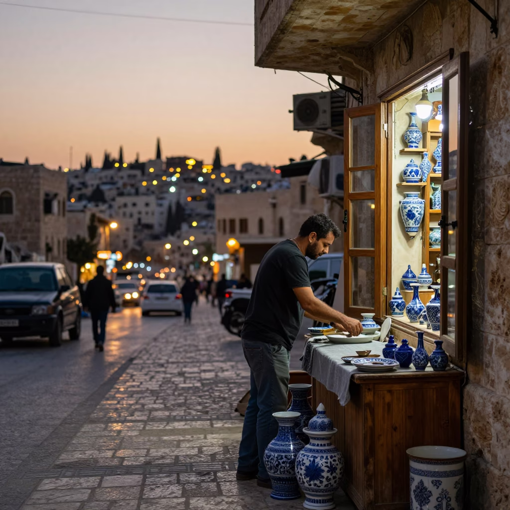 Evening Street Scene in Amman Jordan with Blue Porcelain and Natural Window Light in in Amman, Jordan