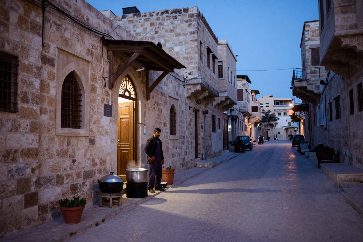 Evening Street Scene in Amman Jordan with Cooking Pot and Potted Geraniums in in Amman, Jordan