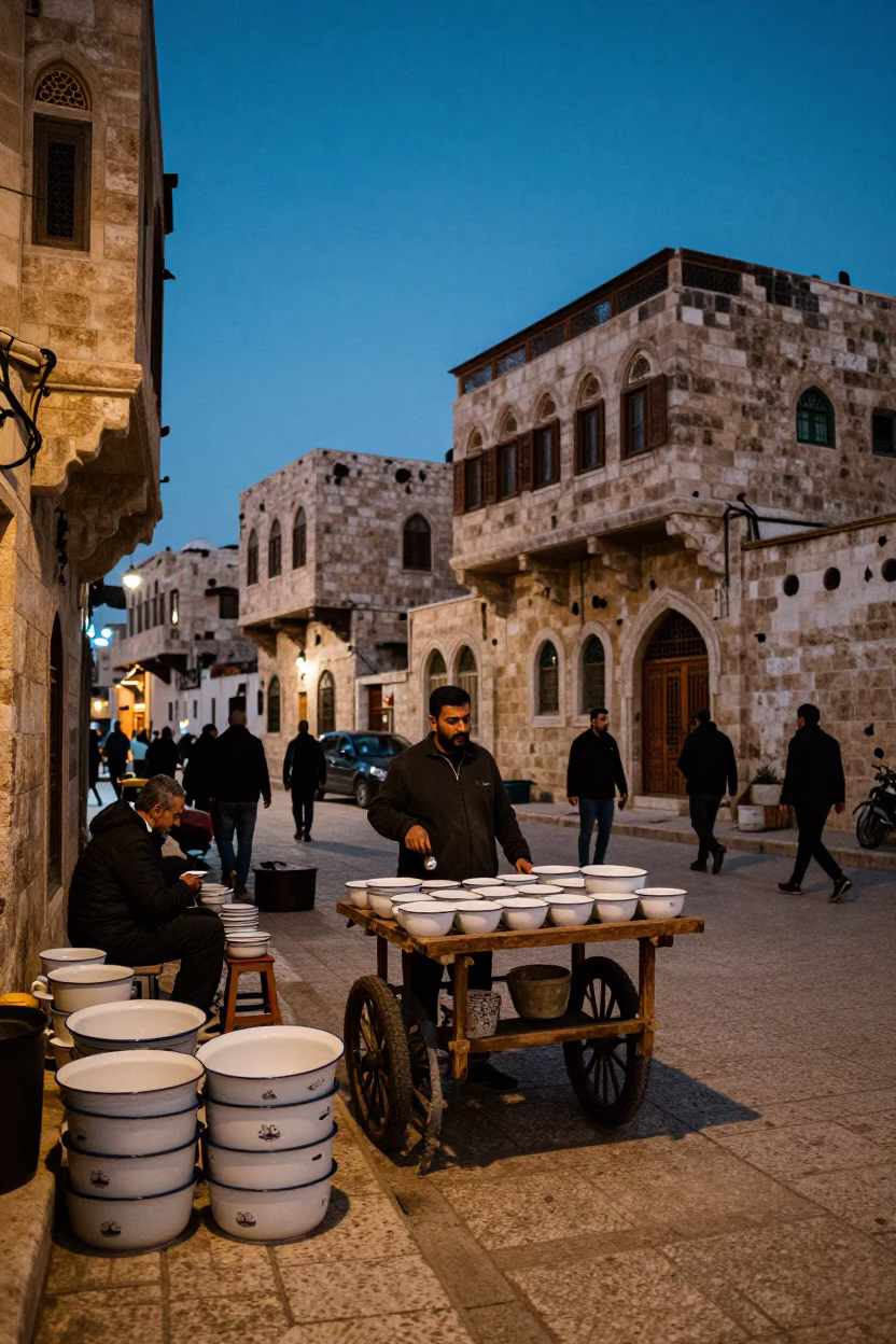 Evening Street Scene in Amman Jordan with Enamel Bowls and Local Commerce in in Amman, Jordan
