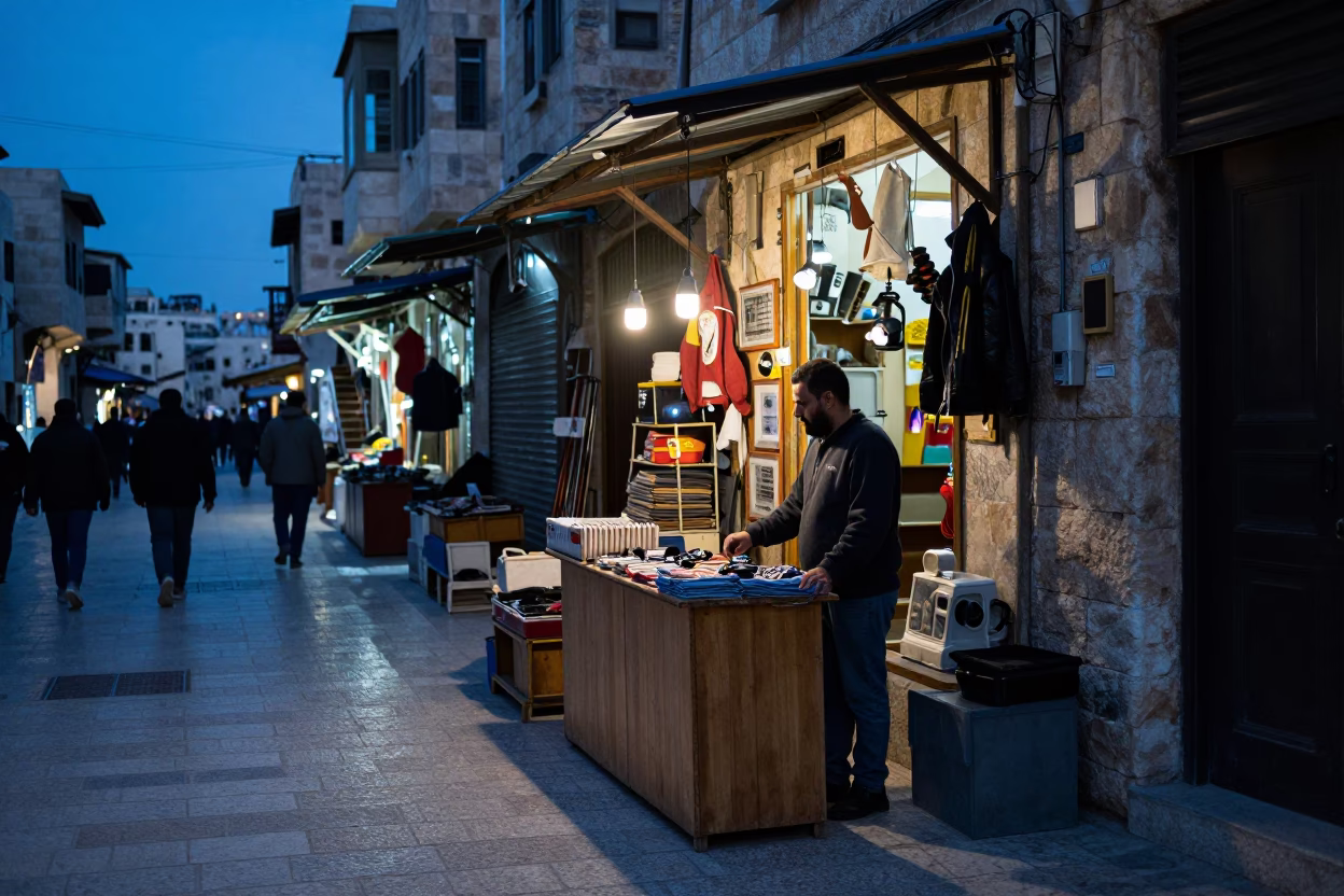 Evening Street Scene in Amman Jordan with Local Shop Display and Traditional Pottery in in Amman, Jordan
