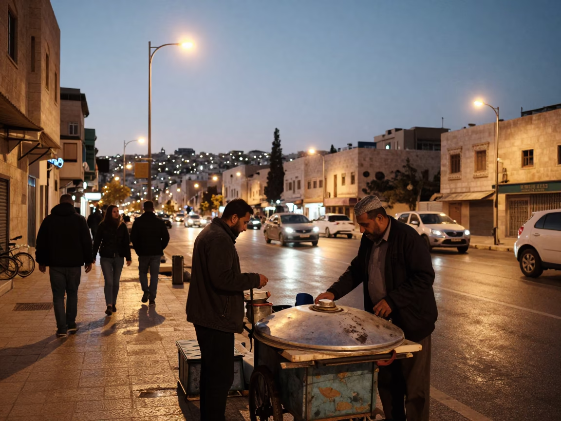 Evening Street Scene in Amman Jordan with Local Vendor and City Lights in in Amman, Jordan