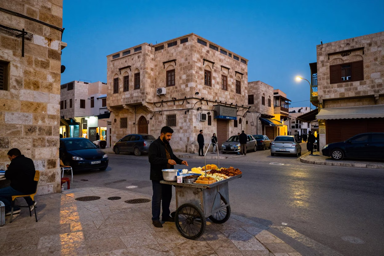 Evening street scene in Amman Jordan with traditional food and local life in in Amman, Jordan