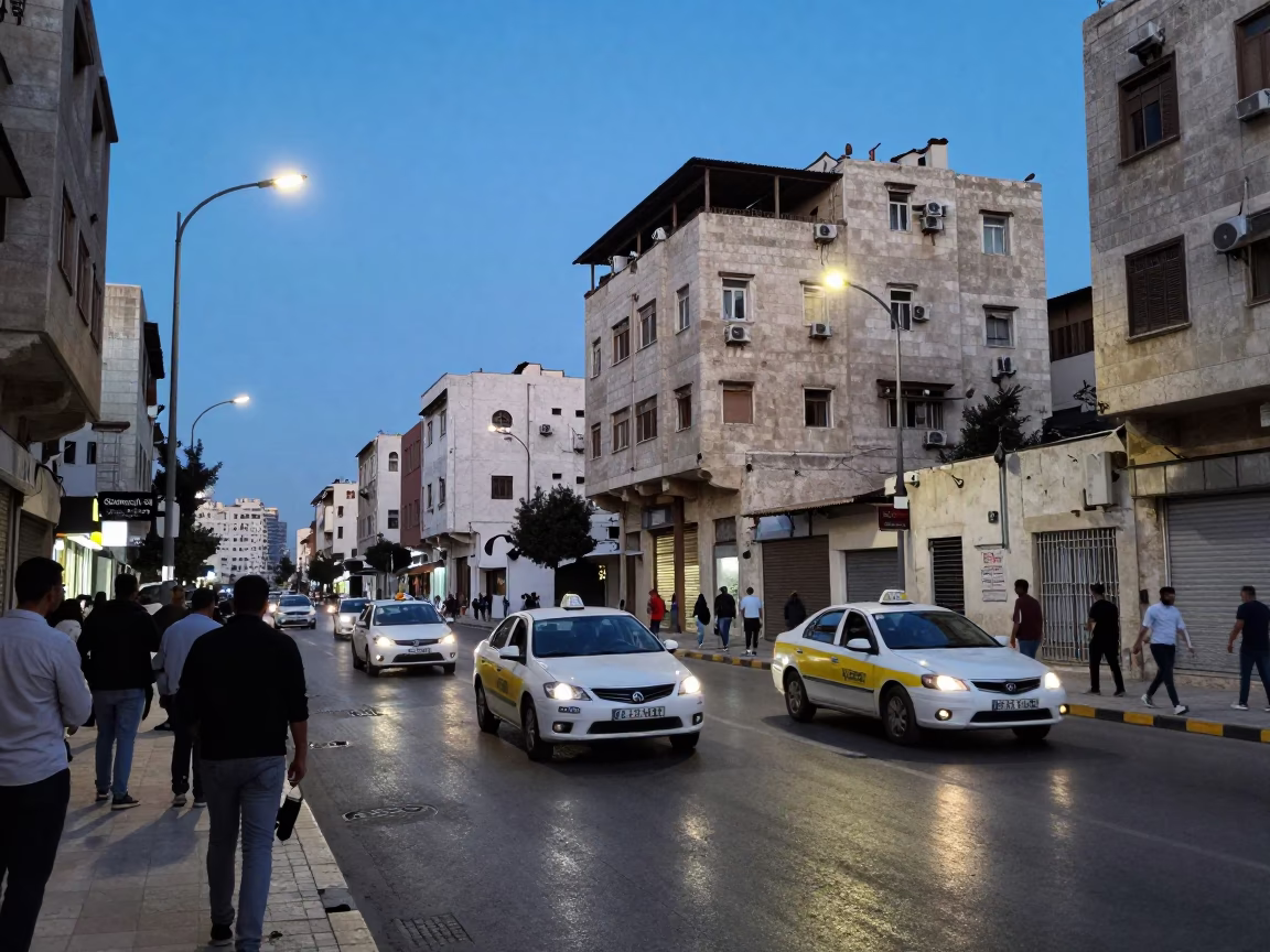Evening Street Scene in Amman Jordan with White Taxi and Local Traffic in in Amman, Jordan
