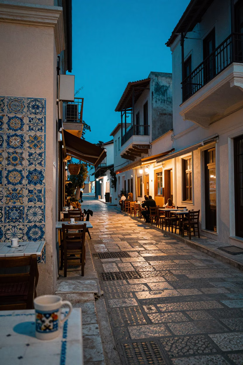 Evening Street Scene in Athens Greece with Ceramic Tiles and Mug in in Athens, Greece