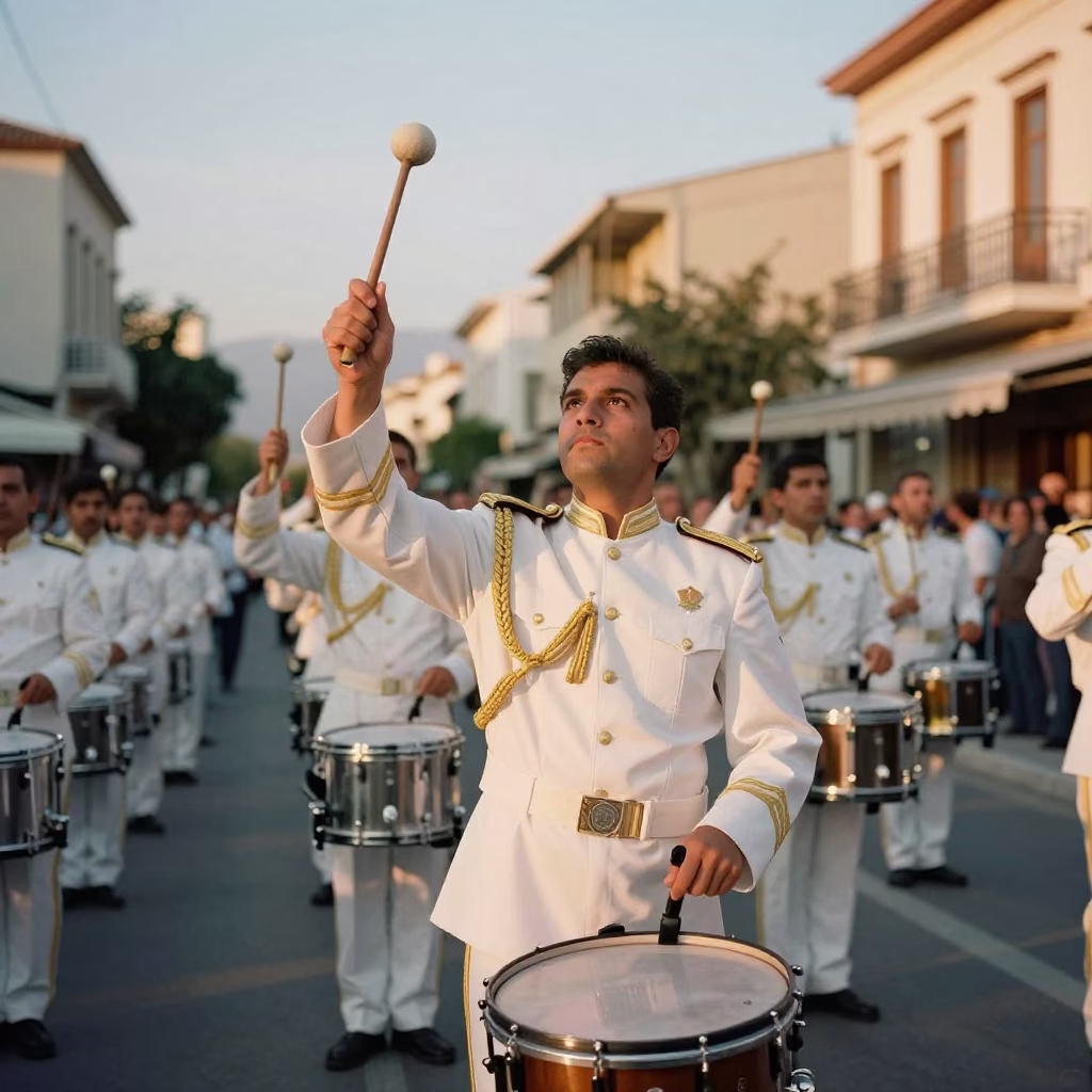 Evening Street Scene in Athens Greece with Drum Major and Marching Band in in Athens, Greece