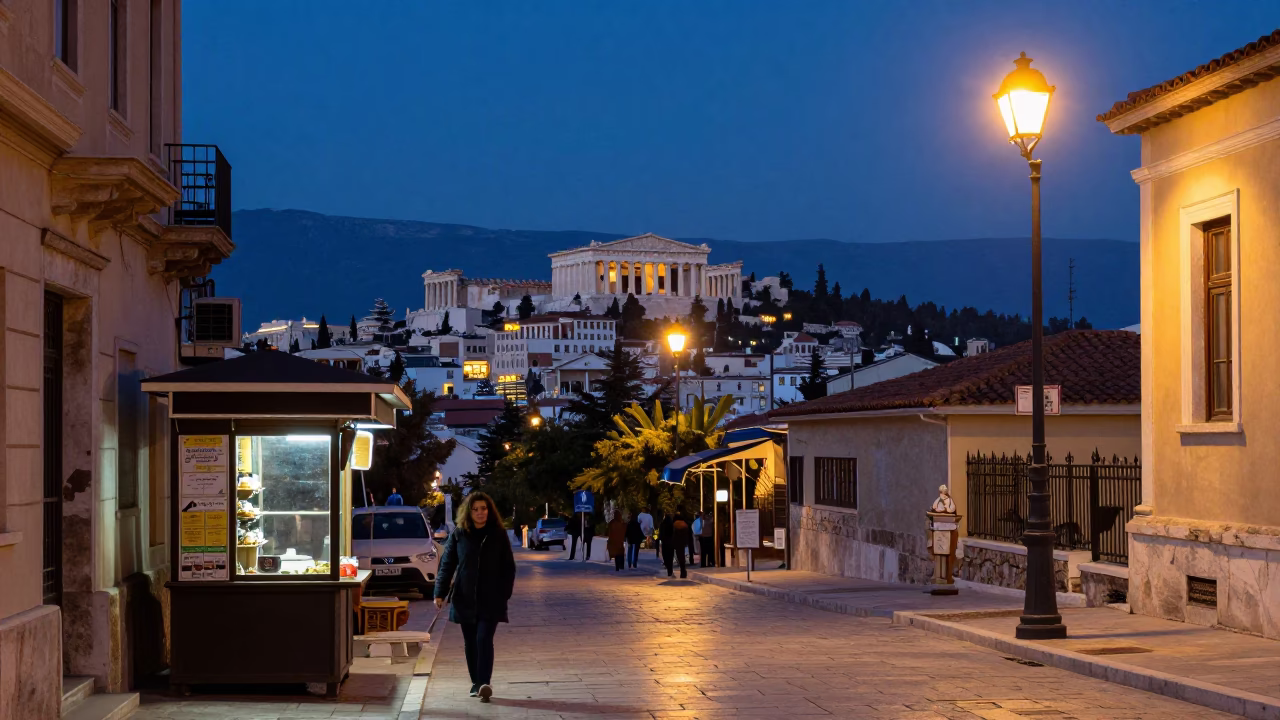 Evening Street Scene in Athens Greece with Dusk Lighting and Urban Architecture in in Athens, Greece
