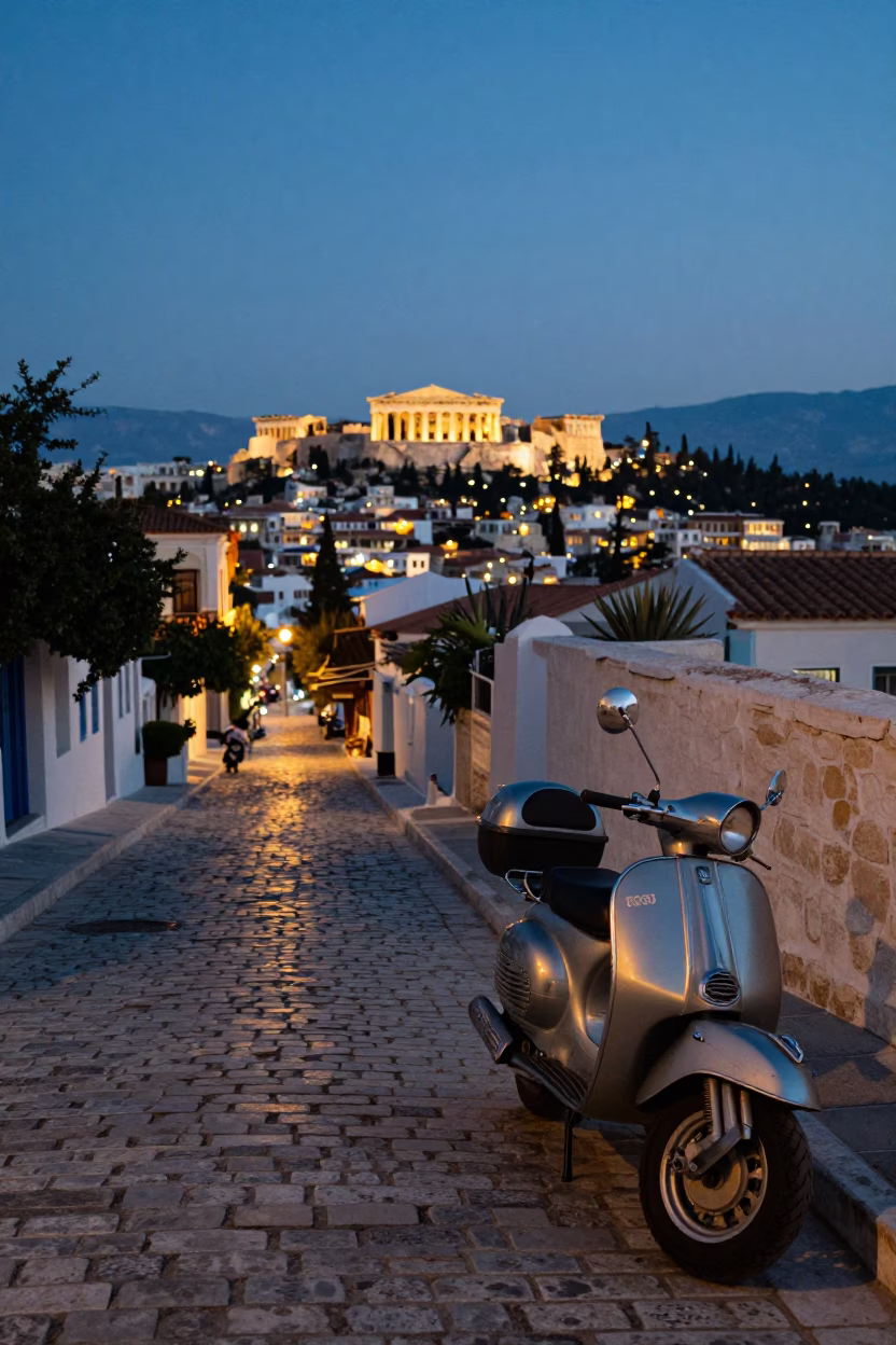 Evening street scene in Athens Greece with glowing city lights and parked motorbike in in Athens, Greece