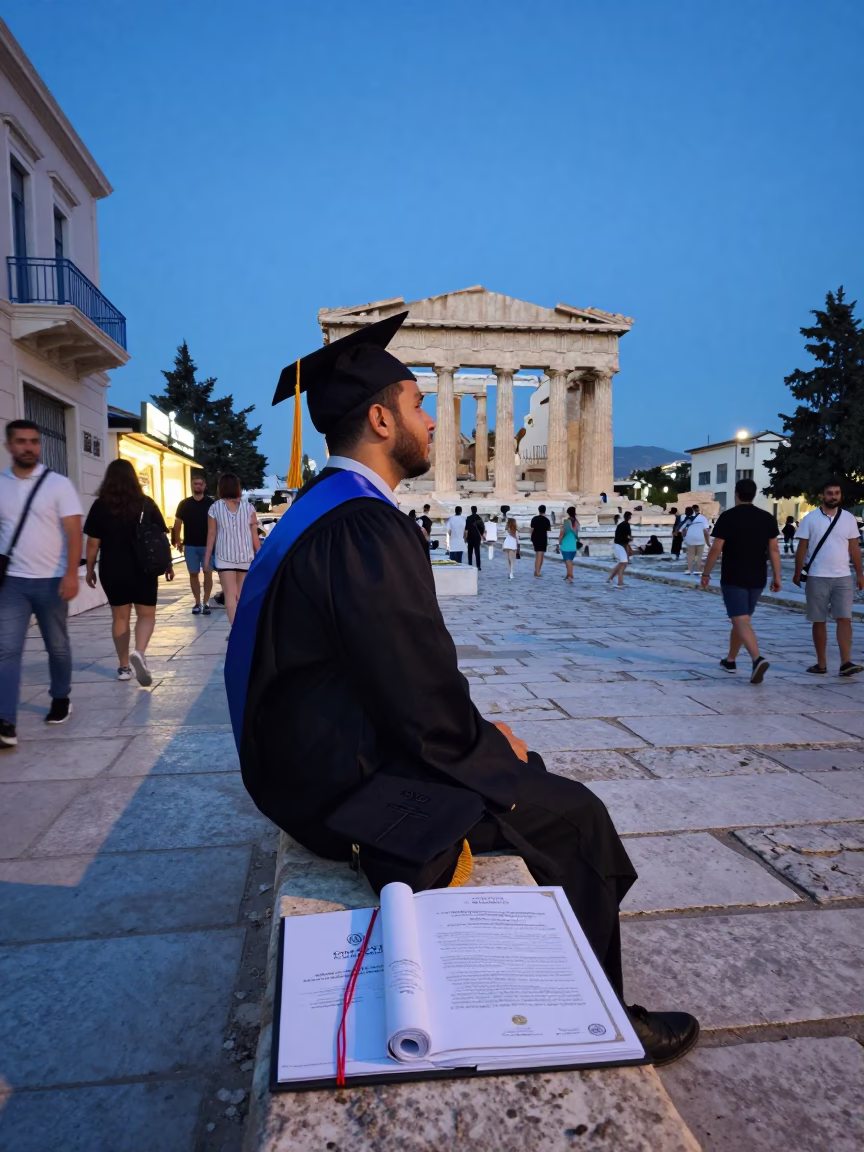 Evening street scene in Athens Greece with graduation cap and programs on stone ledge in in Athens, Greece