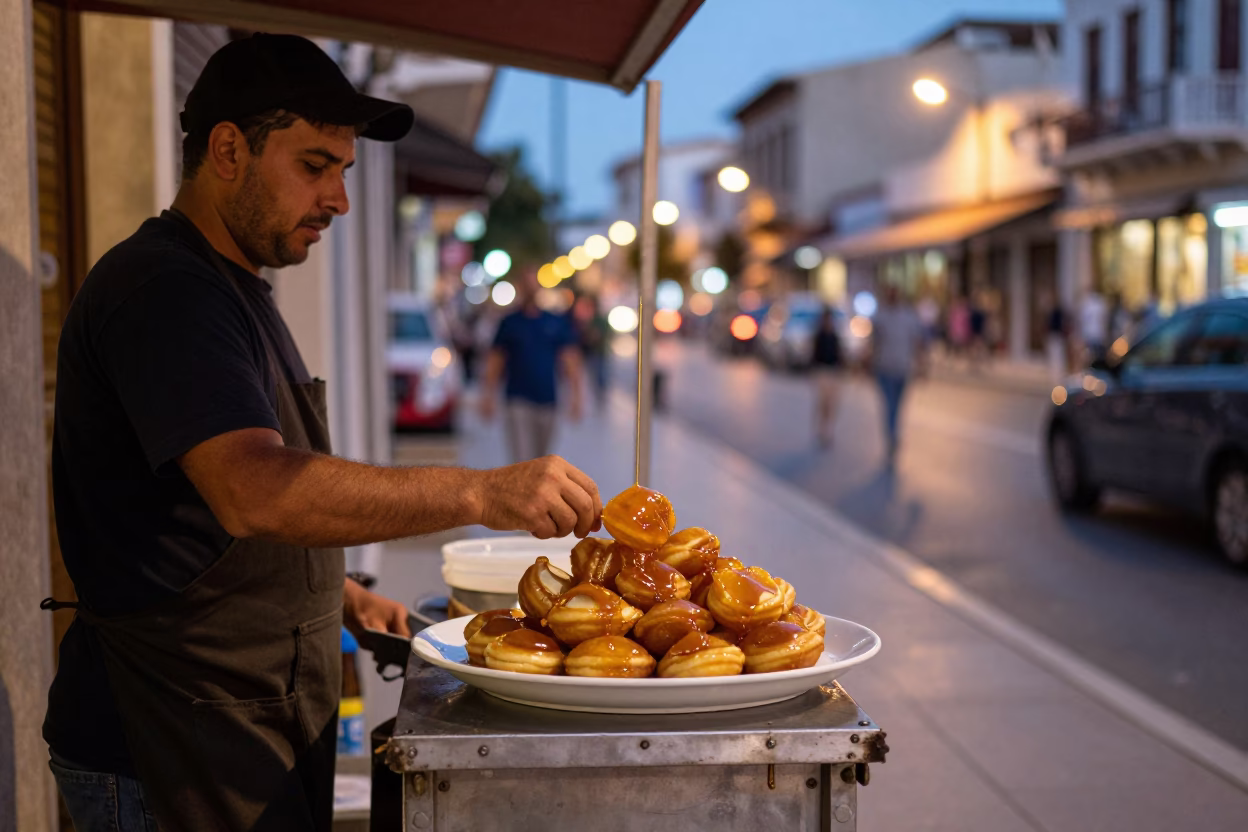 Evening street scene in Athens Greece with honey drizzled loukoumades on tray in in Athens, Greece