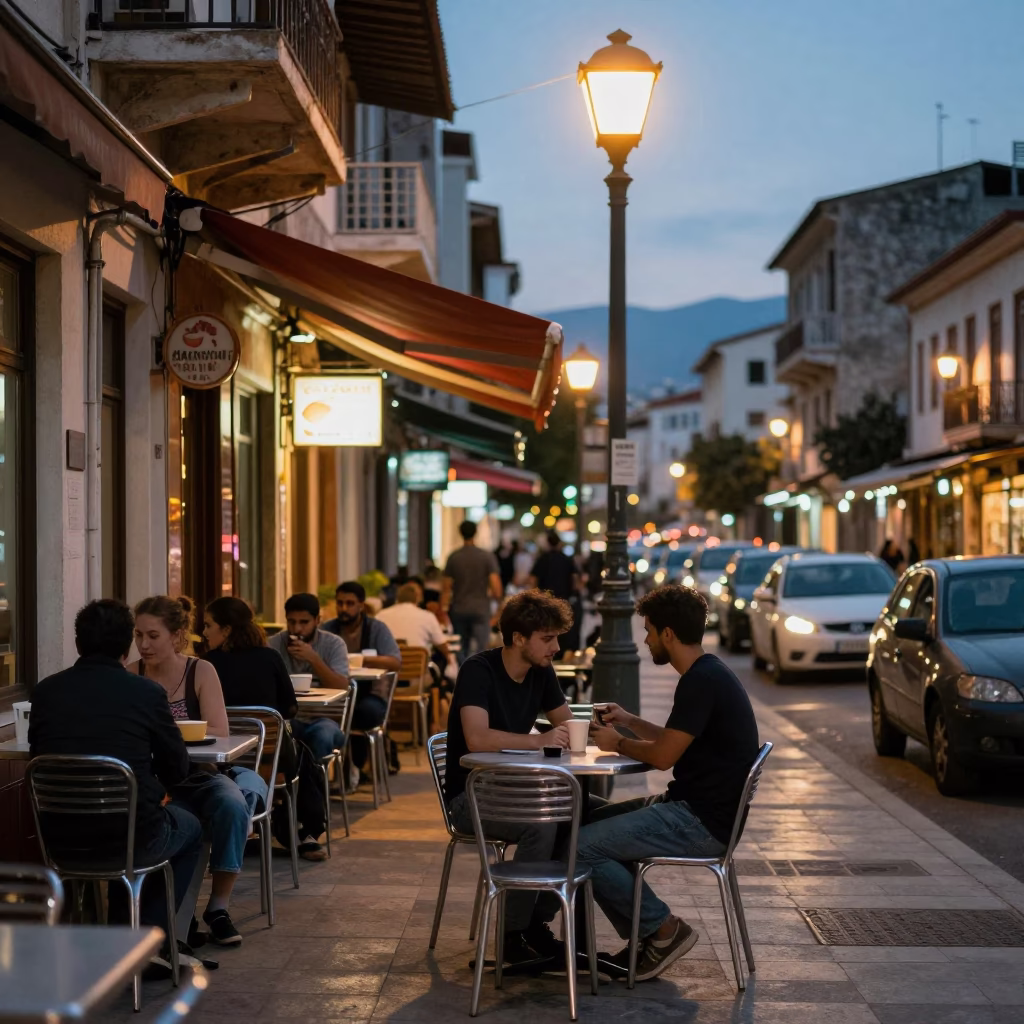 Evening Street Scene in Athens Greece with Local Diner and Urban Lights in in Athens, Greece