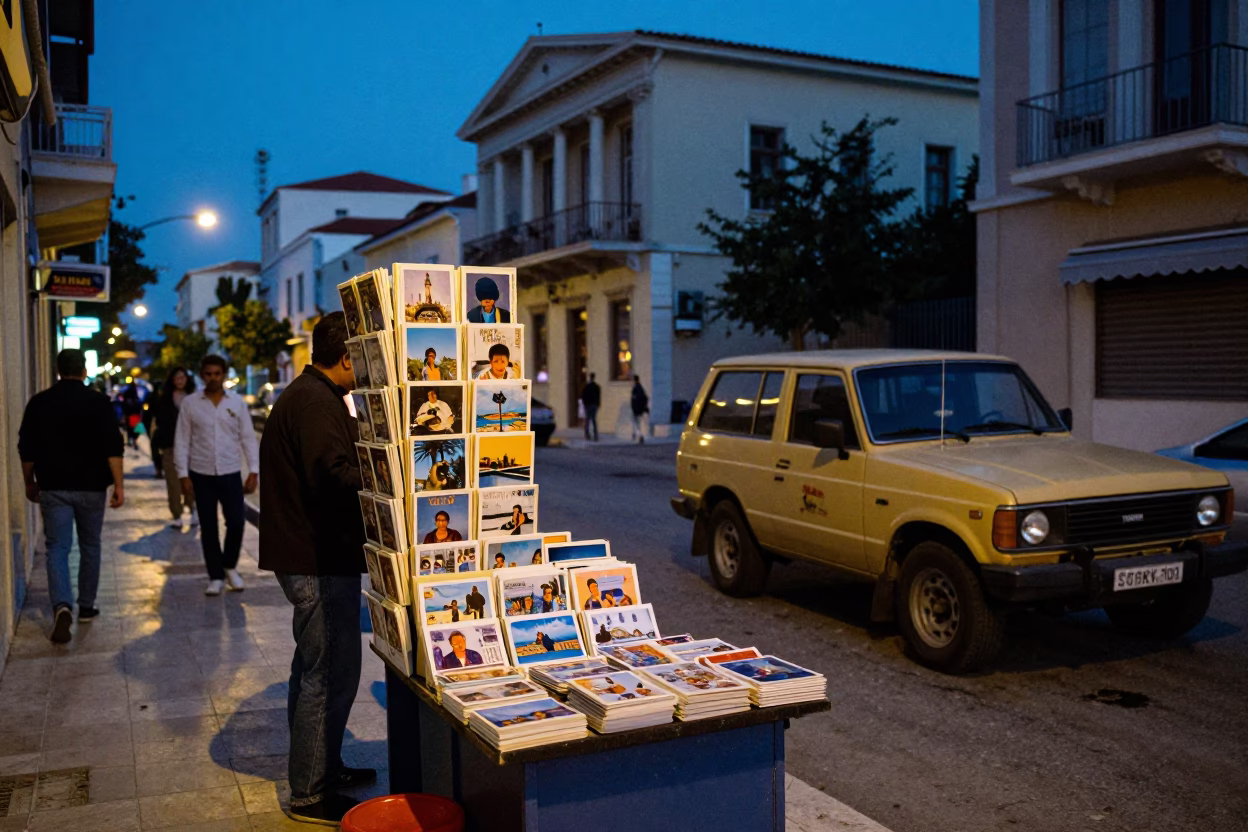 Evening Street Scene in Athens Greece with Postcards and Vintage SUV in in Athens, Greece