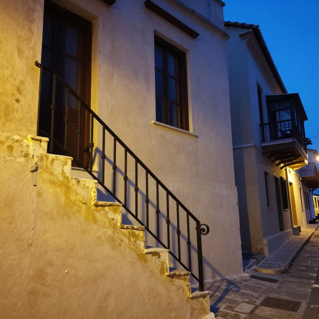 Evening Street Scene in Athens Greece with Stair Rail and Window Light in in Athens, Greece