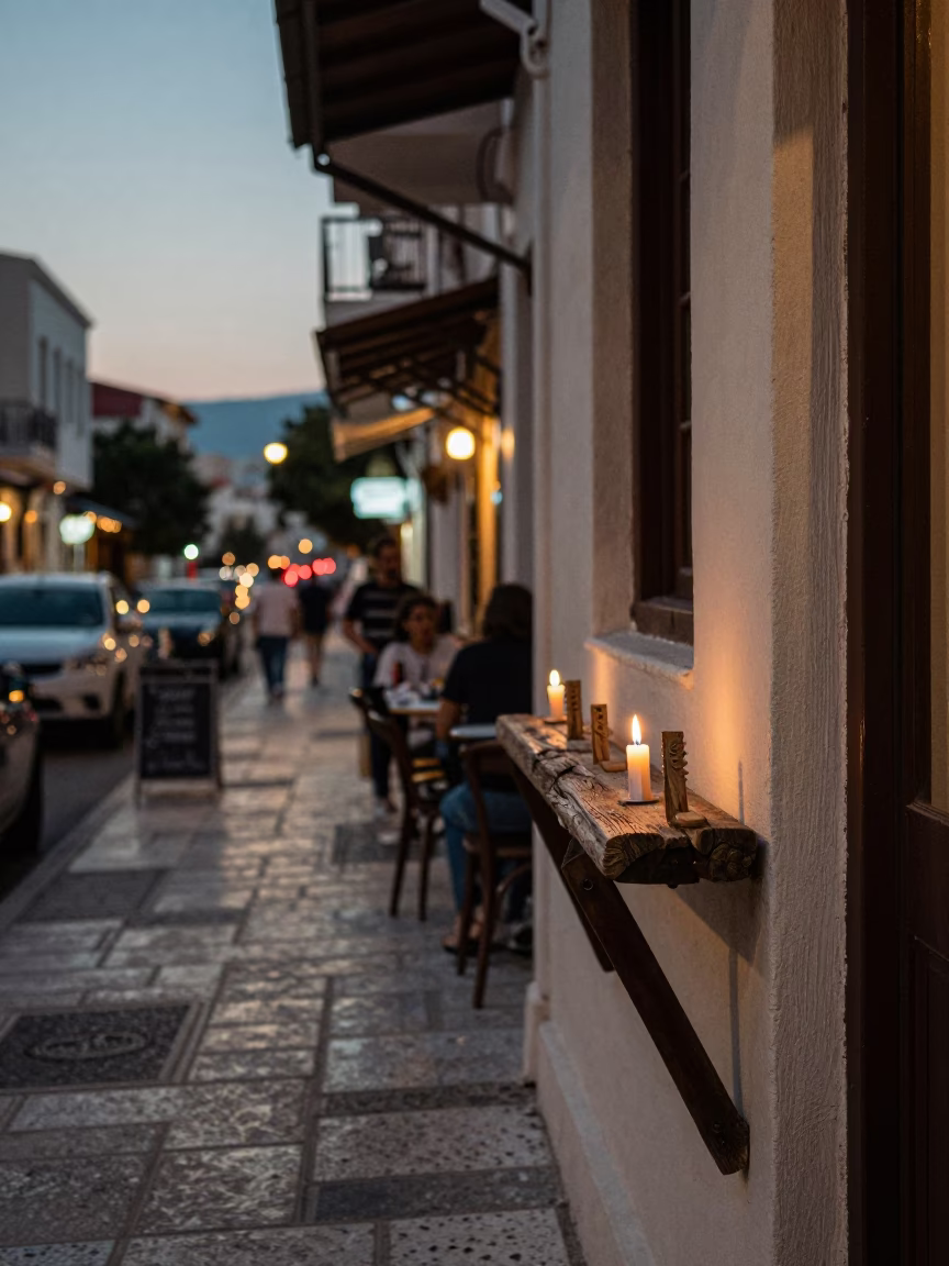 Evening Street Scene in Athens Greece with Taper Candle and Peg Rail in in Athens, Greece