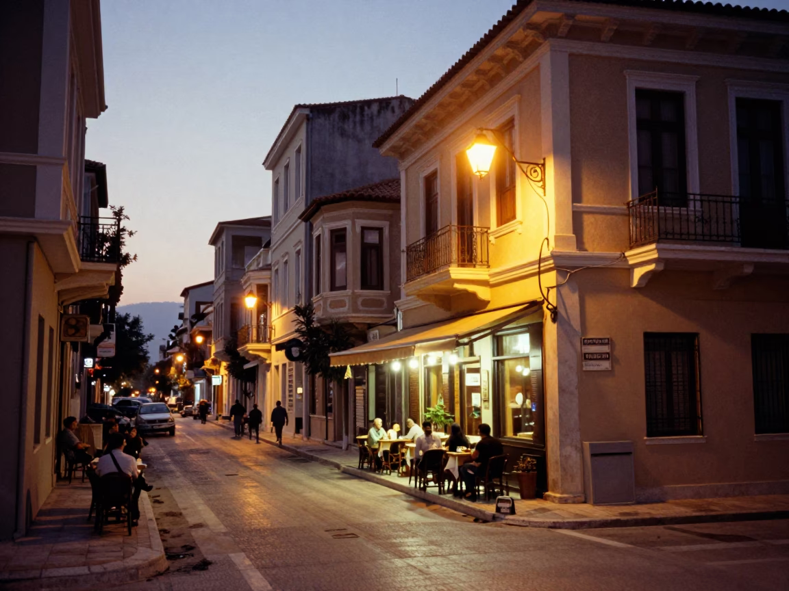 Evening Street Scene in Athens Greece with Traditional Architecture and Urban Activity in in Athens, Greece