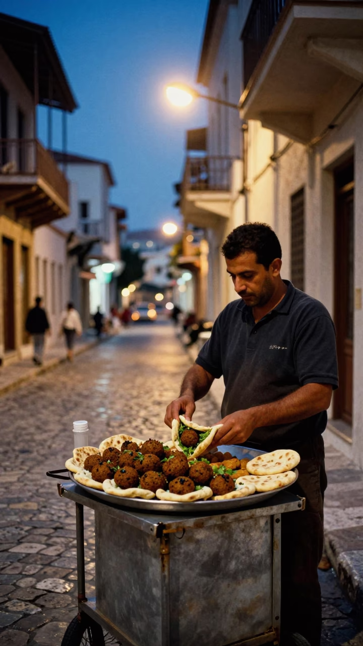Evening Street Scene in Athens Greece with Tray of Falafel in Pita and Tahini in in Athens, Greece