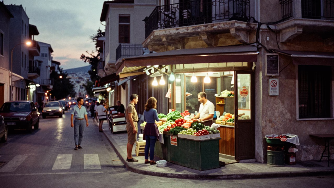Evening Street Scene in Athens Greece with Vintage 1970s Atmosphere and Local Life in in Athens, Greece