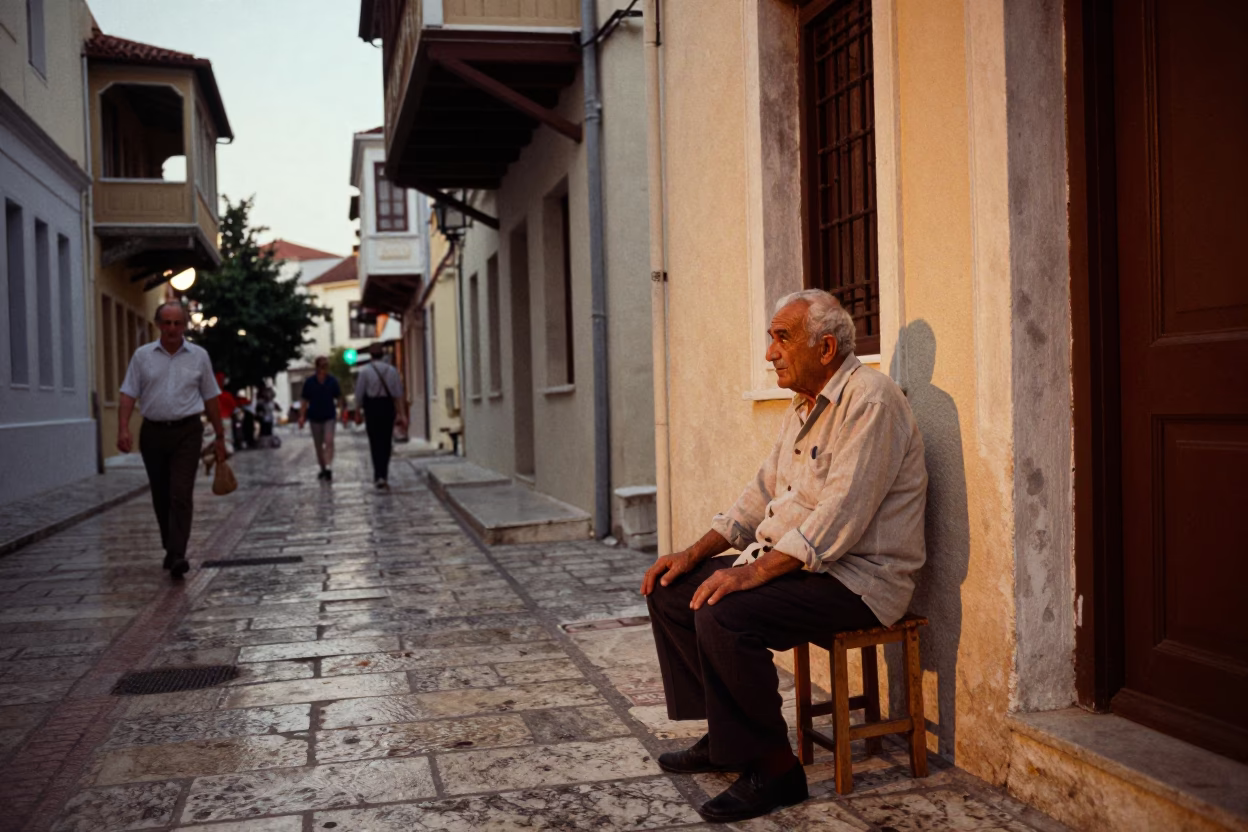 Evening street scene in Athens Greece with vintage 1970s details and honeyed light in in Athens, Greece