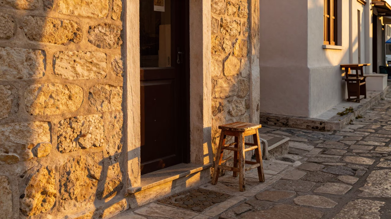 Evening Street Scene in Athens Greece with Vintage Kitchen Stool and Wooden Serving Platter in in Athens, Greece