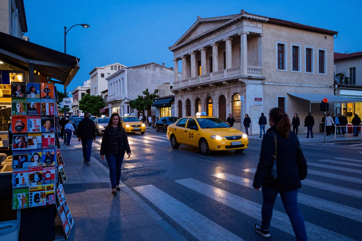 Evening Street Scene in Athens Greece with Yellow Taxi and Pedestrians in in Athens, Greece